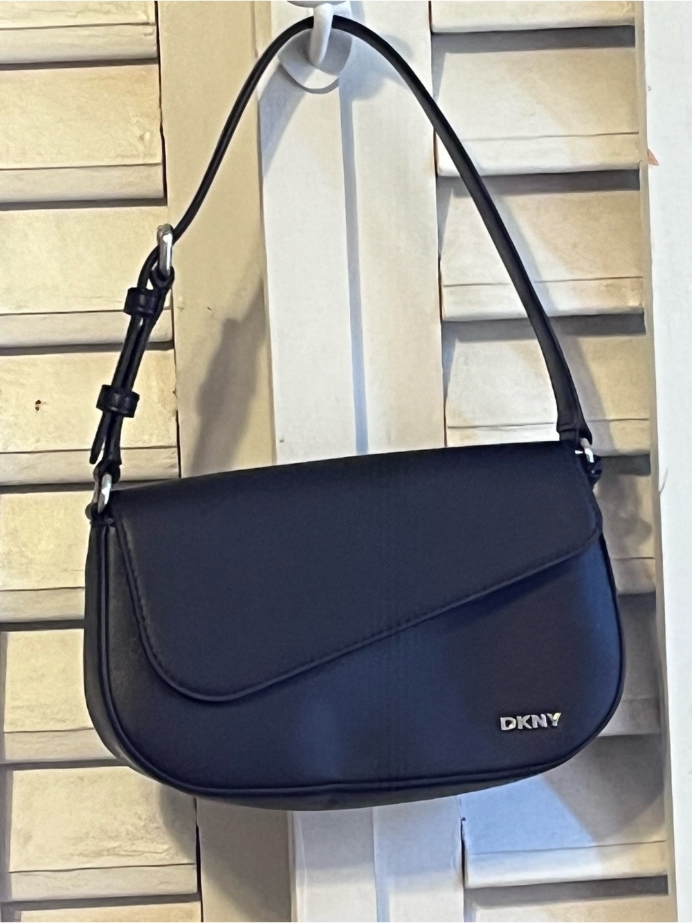 DKNY Black Simulated Leather Asymmetrical Flap Shoulder Bag